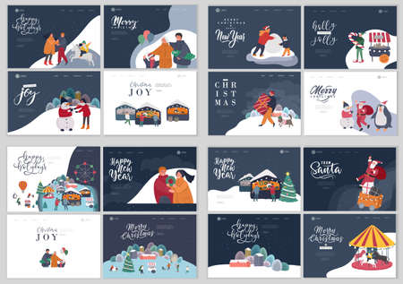 Landing page template with Christmas and New Year holiday elf portrait photo with big candy. Animator in christmas costume. Christmas winter fair. Cartoon vectorのイラスト素材