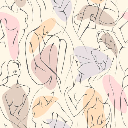 Vector seamless pattern with woman in minimal linear style Fashion illustration by femininity, beauty and modern art. Abstract poster and t-shirt print Vectorのイラスト素材