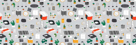 Vector seamless pattern with stylish comfy furniture and modern home decorations in trendy...