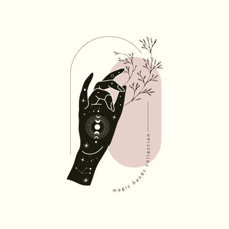 Spiritual esoteric magic  talisman with woman hands in silhouette style with stars, sacred geometry floral brunch.のイラスト素材