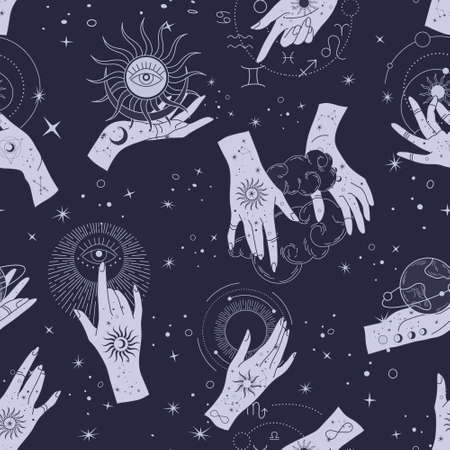 Spiritual esoteric magic  or talisman with woman hands in silhouette style with stars, sacred geometry moon and sun.のイラスト素材