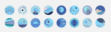 Set of abstract contemporary story highlight cover with sun moon and landscape in boho style. Mid...