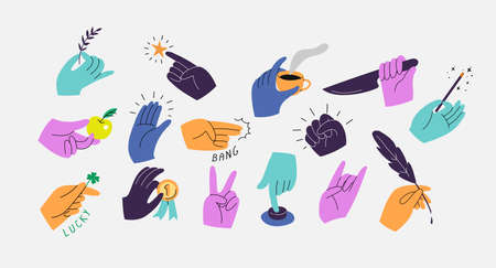 Set of colorful hands holding various stuff. Different operations and gestures. Hand drawn vector illustrationのイラスト素材