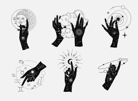 Spiritual esoteric magic talisman with woman hands in silhouette style with stars, sacred geometry moon and sun. Alchemy mystic tattoo object template. Vectorのイラスト素材