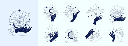 Spiritual esoteric magic logo or talisman with woman hands in silhouette style with stars, sacred geometry moon and sun. Alchemy mystic tattoo object logo template. Vectorのイラスト素材