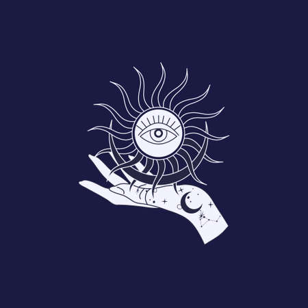 Spiritual esoteric magic logo or talisman with woman hands in silhouette style with stars, sacred geometry moon and sun. Alchemy mystic tattoo object logo template. Vectorのイラスト素材