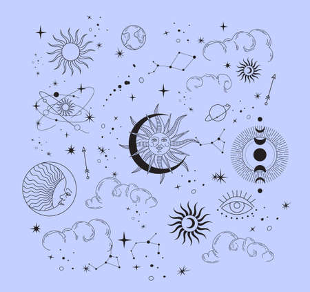 Set of celestial mystic esoteric magic elements sun moon and clouds Different stages of moon, zodiac Signs. Alchemy tattoo object logo template. Vectorのイラスト素材