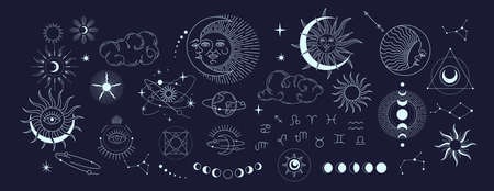 Set of celestial mystic esoteric magic elements sun moon and clouds Different stages of moon, zodiac Signs. Alchemy tattoo object logo template. Vectorのイラスト素材