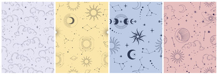 Vector seamless pattern with celestial mystic esoteric magic elements sun moon and clouds Different stages of moon, zodiac Signs. Alchemy tattoo templateのイラスト素材