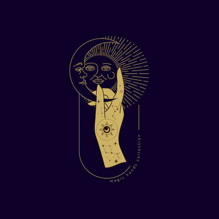Spiritual esoteric magic  talisman with woman hands in silhouette style with stars, sacred geometry moon and sun. Alchemy mystic tattoo object  template. Vectorのイラスト素材