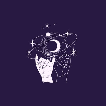 Spiritual esoteric magic   talisman with woman hands in silhouette style with stars, sacred geometry moon and sun. Alchemy mystic tattoo object   template. Vectorのイラスト素材