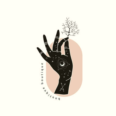 Spiritual esoteric magic logo or talisman with woman hands in silhouette style with stars, sacred geometry floral brunch. Alchemy mystic tattoo object logoのイラスト素材
