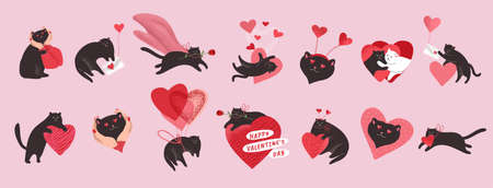 Cute cats in love. Romantic Valentines Day set for greeting card or poster. Cat give heart, kitten in hands, hero cat with rose, flying cat on balloon. Flyers, invitation. Vector conceptのイラスト素材