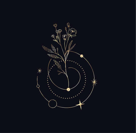 Floral branch and minimalist flowers for logo or tattoo. Hand drawn line wedding herb, elegant leaves for invitation save the date card. Botanical rustic trendy greeneryのイラスト素材