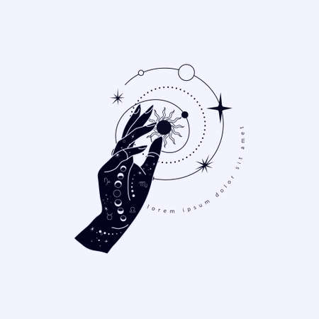 Spiritual esoteric magic logo or talisman with woman hands in silhouette style with stars, sacred geometry moon and sun. Alchemy mystic tattoo object logo template. Vectorのイラスト素材