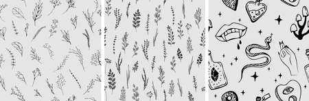Hand drawn seamless pattern of culinary herb. Basil, mint, rosemary, sage, thyme, parsley, oregano, onion. Food designのイラスト素材