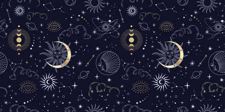 Vector seamless pattern with celestial mystic esoteric magic elements constellations and stars. Alchemy tattoo template. Vectorのイラスト素材