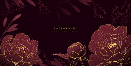 Luxury botanical background with peonies flowers for wall decoration or wedding. Hand drawn line herb, elegant leaves for invitation save the date card. Botanical rustic trendyのイラスト素材