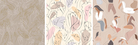 Vector seamless pattern with woman in minimal linear style Fashion illustration by femininity,...