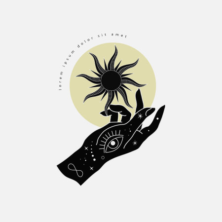 Spiritual esoteric magic logo or talisman with woman hands in silhouette style with stars, sacred geometry moon and sun. Alchemy mystic tattoo object logo template. Vectorのイラスト素材