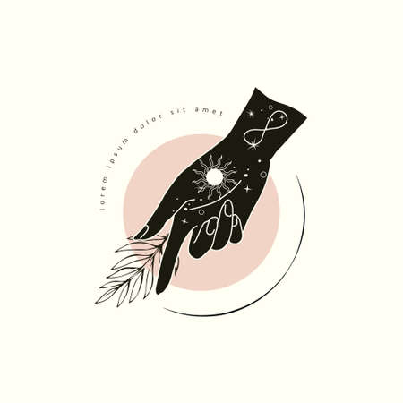 Spiritual esoteric magic logo or talisman with woman hands in silhouette style with stars, sacred geometry floral brunch. Alchemy mystic tattoo object logoのイラスト素材