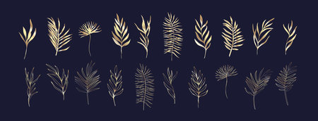 Floral tropical branch of palm in silhouette and line style. Hand drawn elegant exotic leaves for invitation save the date card design. Botanical trendy greeneryのイラスト素材