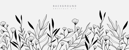 Luxury botanical background with trendy wildflowers and minimalist flowers for wall decoration or wedding. Hand drawn line herb, elegant leaves for invitation save the date card. Botanicalのイラスト素材