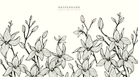 Luxury botanical background with trendy greenery and orchid flowers for wall decoration or wedding. Hand drawn line herb, elegant leaves for invitation save the date card. Botanical rustic trendy greenery vectorのイラスト素材