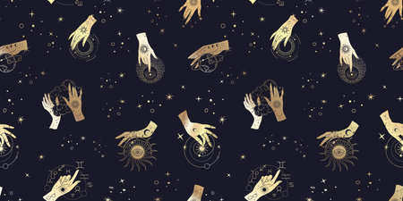 Spiritual esoteric magic or talisman with woman hands in silhouette style with stars, sacred geometry moon and sun. Alchemy mystic tattoo object template. Vectorのイラスト素材