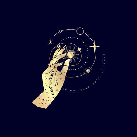 Golden Spiritual magic logo or talisman with woman hands in silhouette style with stars, sacred geometry moon and sun. Alchemy mystic tattoo object logo template. vector illustrationのイラスト素材
