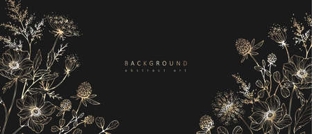 Set of botanical bakground, floral branch and leaves. Vintage foliage for wedding invitation, wall art or card template. Minimal line art drawing. Vectorのイラスト素材