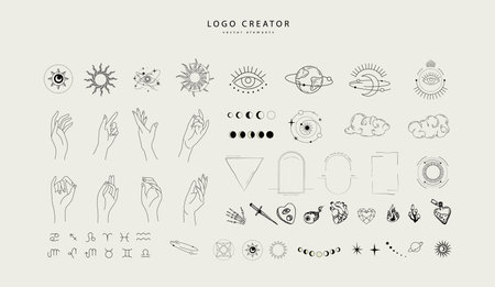 Logo design creator with different frames, floral elements and hand gestures. Magic objects in a minimalistic linear style elements set isolated on background. Vector minimal trendyのイラスト素材