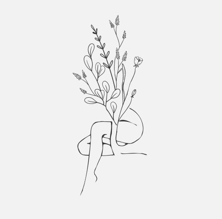 Concept art of blossom beauty. Elegant linear woman with floral branch and wildflowers. Minimalistic female figure and face. Vector art of femininity and beauty for  or wall art. botanical illustrationのイラスト素材