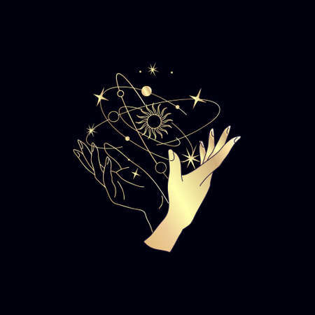 Golden Spiritual magic logo or talisman with woman hands in silhouette style with stars, sacred geometry moon and sun. Alchemy mystic tattoo object logo template. vector illustrationのイラスト素材