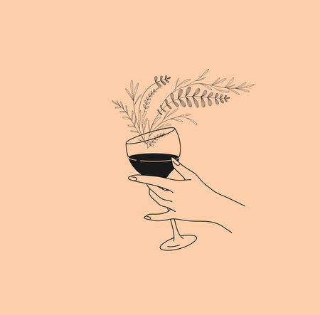 Poster or card with different woman hands gestures hold wineglass or drink with floral elements. Smell of wine like branches and blooming flowers. Vector conceptのイラスト素材