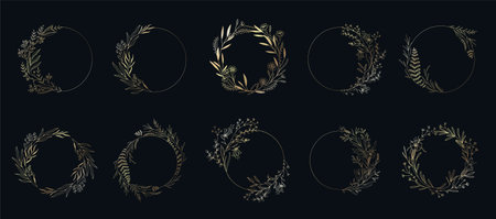 Set of wedding monogramm, botanical floral branch and frames. Botanical vintage foliage for wedding invitation, wall art or card template. Minimal line art drawingのイラスト素材