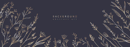 Abstract floral art background. Golden flowers and herbs. and wallpaper. Luxury Botanical cover design with text. Vector art for wallpaper or wall decoration. Hand drawn sketchのイラスト素材