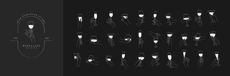 Collection of different woman hands gestures hold wineglass or drink cocktails. Minimal linear trendy style. Line icons or symbol of female hand for logo in restaurant or bar. Vectorのイラスト素材