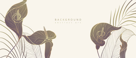 Botanical line bakground with flowers and leaves. Floral foliage for wedding invitation, wall art or card template. Vector illustration. Luxury rustic trendy artのイラスト素材