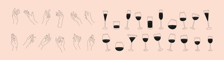 Collection of different woman hands gestures hold wineglass or drink cocktails. Minimal linear trendy style. Line icons or symbol of female hand for logo in restaurant or bar. Vectorのイラスト素材