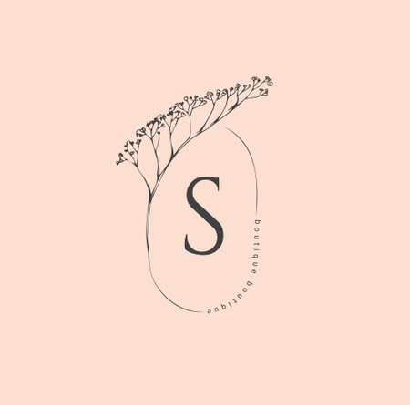 Minimal feminine floral monogram and logo. Hand drawn wedding herb, elegant leaves. Botanical rustic trendy greenery vectorのイラスト素材