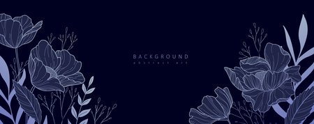 Botanical line bakground with flowers and leaves. Floral foliage for wedding invitation, wall art or card template. Vector illustration. Luxury rustic trendy artのイラスト素材