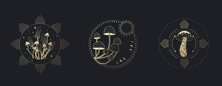 Set of logo with various mystical mushrooms. Hippie magic boho cards. Psychedelic vector illustration. Magic and boho texture. Hand drawn styleのイラスト素材