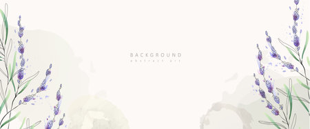 Watercolor bakground with lavender flowers and leaves. Floral foliage for wedding invitation, wall art or card template. Vector illustration. Luxury rusticのイラスト素材