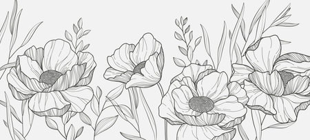 Botanical line bakground with flowers and leaves. Floral foliage for wedding invitation, wall art or card template. Vector illustration. Luxury rustic trendy artのイラスト素材