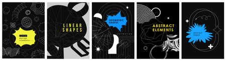 Trendy geometric set of posters. Simple shapes forms and frames inspired brutalism, abstract bauhaus and boho cosmic style. Universal star and flower shape, basic form. Vector illustrationのイラスト素材