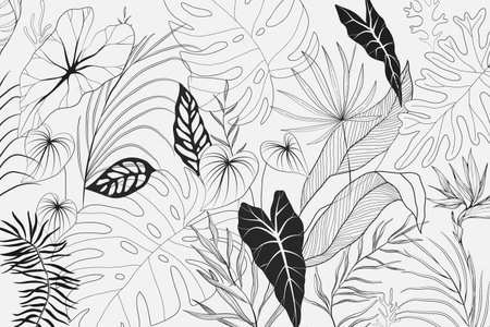 Floral tropical branch of palm in silhouette and line style. Hand drawn elegant exotic leaves for invitation save the date card design. Botanical trendy greeneryのイラスト素材