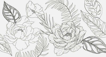 Botanical line bakground with flowers and leaves. Floral foliage for wedding invitation, wall art or card templateのイラスト素材