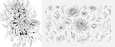 Floral branch and minimalist flowers for  tattoo. Hand drawn line wedding herb, elegant leaves for invitation save the date card. Botanical rustic trendy greeneryのイラスト素材