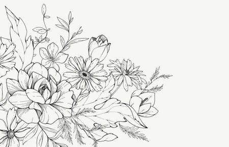 Floral bakground with bouquet of various flowers. Botanical foliage for wedding invitation, wall art or wallpaper. Vector illustrationのイラスト素材